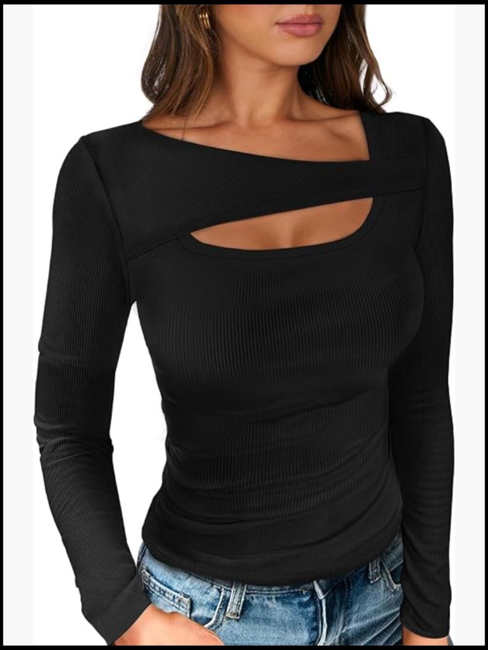 Ribbed Cutout Long Sleeve Shirt Slim Fit Scoop Neck Layering Tee
